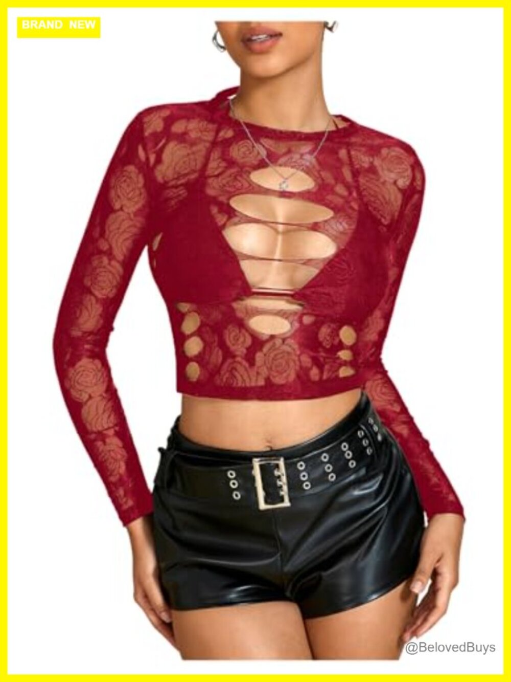 Women's Sheer Mesh Crop Top Cut Out Long Sleeve Party Tee